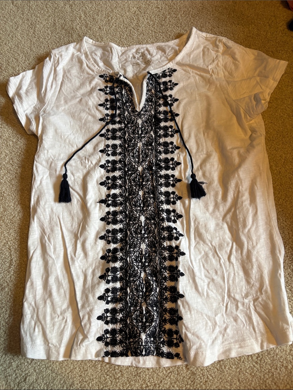 Talbots White Short-Sleeve Blouse with Black Embroidered Front